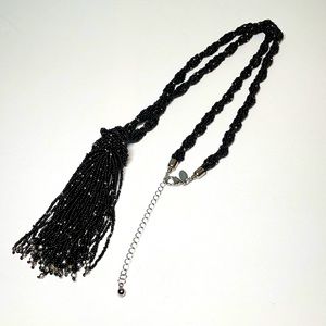 Chico’s black beaded knitted tassel necklace